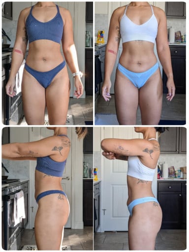 A before and after photo of a 5'2" female showing a weight reduction from 136 pounds to 134 pounds. A total loss of 2 pounds.