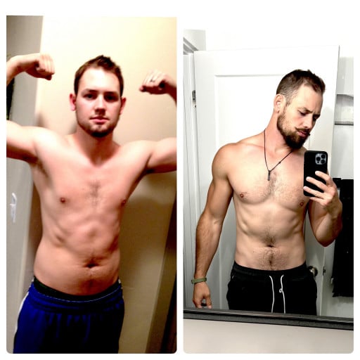 A before and after photo of a 6'3" male showing a weight reduction from 218 pounds to 215 pounds. A net loss of 3 pounds.