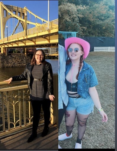 A before and after photo of a 5'3" female showing a weight reduction from 210 pounds to 160 pounds. A total loss of 50 pounds.