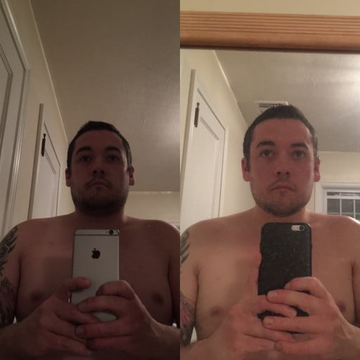 A photo of a 5'4" man showing a weight loss from 190 pounds to 162 pounds. A net loss of 28 pounds.