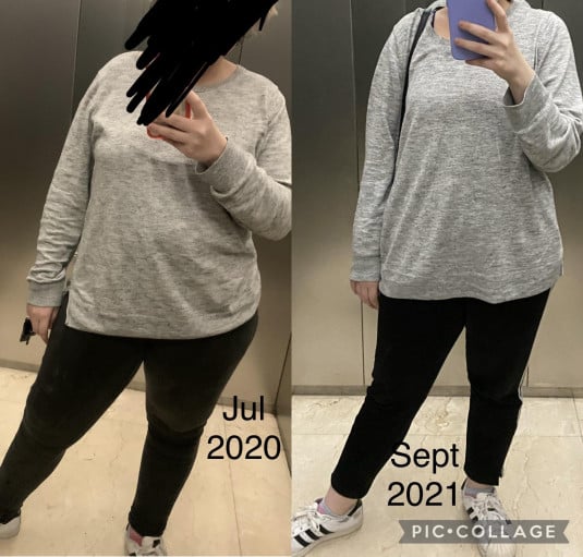 A picture of a 5'1" female showing a weight loss from 176 pounds to 143 pounds. A total loss of 33 pounds.