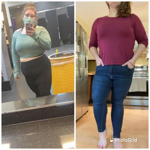 A photo of a 5'9" woman showing a weight cut from 316 pounds to 268 pounds. A respectable loss of 48 pounds.
