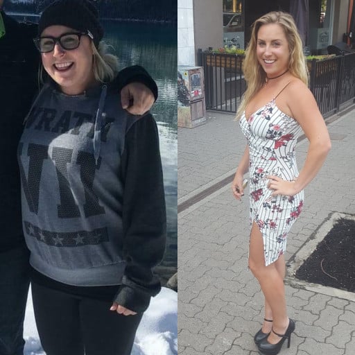 A before and after photo of a 5'3" female showing a weight reduction from 147 pounds to 126 pounds. A total loss of 21 pounds.