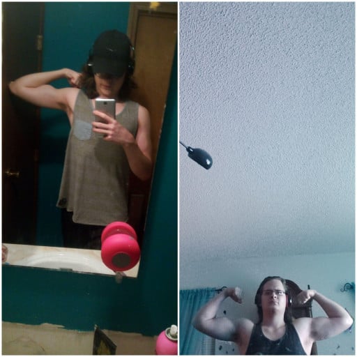 A progress pic of a 6'1" man showing a muscle gain from 140 pounds to 205 pounds. A net gain of 65 pounds.