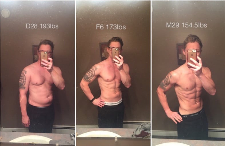 A picture of a 5'9" male showing a weight loss from 193 pounds to 154 pounds. A total loss of 39 pounds.