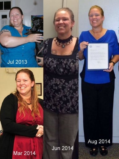 A picture of a 5'7" female showing a weight loss from 280 pounds to 169 pounds. A total loss of 111 pounds.