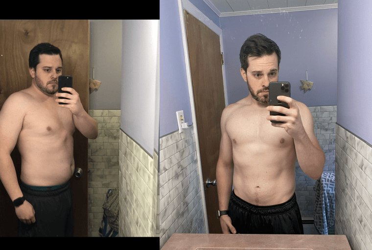 A before and after photo of a 5'11" male showing a weight reduction from 230 pounds to 185 pounds. A respectable loss of 45 pounds.