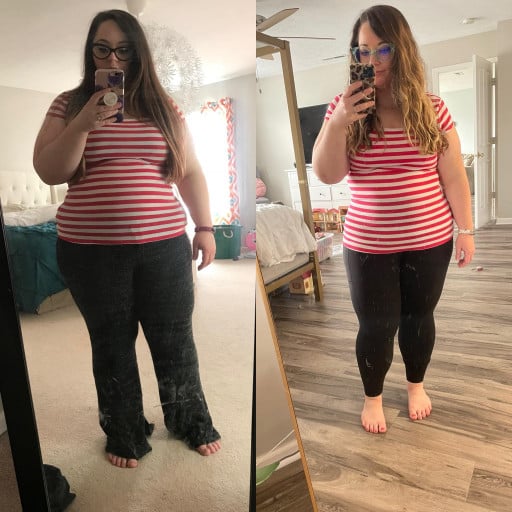 A before and after photo of a 5'4" female showing a weight reduction from 220 pounds to 206 pounds. A respectable loss of 14 pounds.