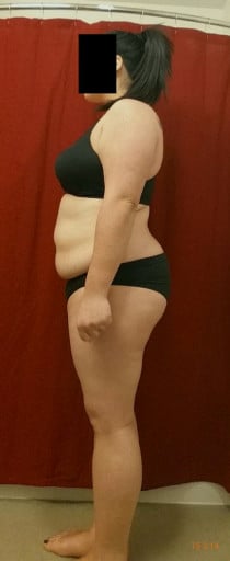 A photo of a 5'4" woman showing a snapshot of 205 pounds at a height of 5'4