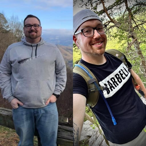 A picture of a 5'11" male showing a weight loss from 287 pounds to 232 pounds. A respectable loss of 55 pounds.