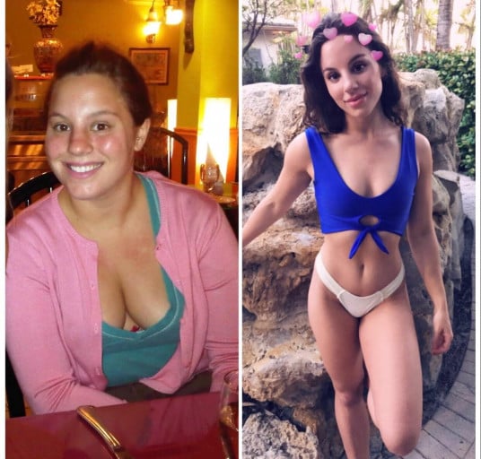A before and after photo of a 5'3" female showing a weight reduction from 159 pounds to 116 pounds. A respectable loss of 43 pounds.