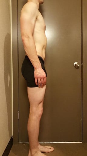 A before and after photo of a 5'10" male showing a snapshot of 148 pounds at a height of 5'10