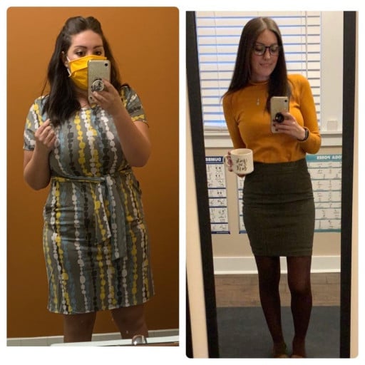 A before and after photo of a 5'7" female showing a weight reduction from 223 pounds to 130 pounds. A total loss of 93 pounds.