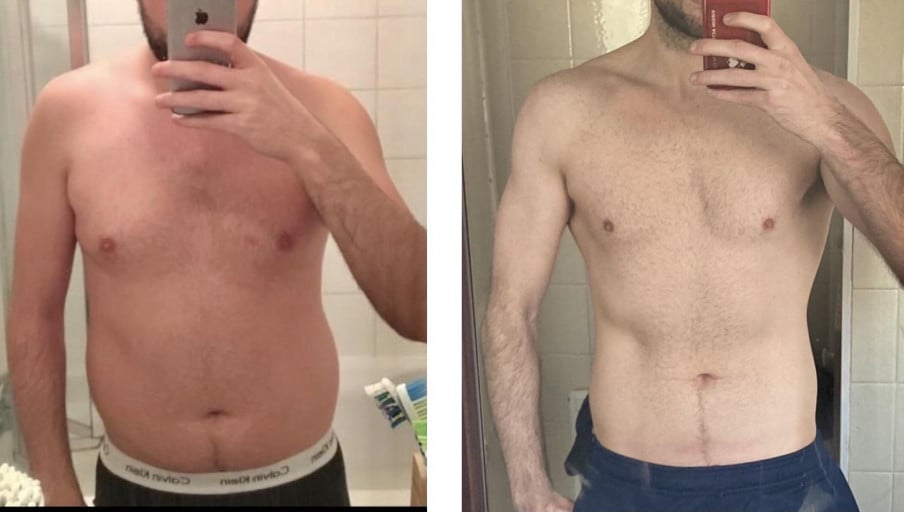 A before and after photo of a 5'11" male showing a weight reduction from 180 pounds to 165 pounds. A respectable loss of 15 pounds.