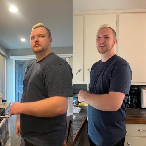 A picture of a 6'2" male showing a weight loss from 294 pounds to 238 pounds. A total loss of 56 pounds.