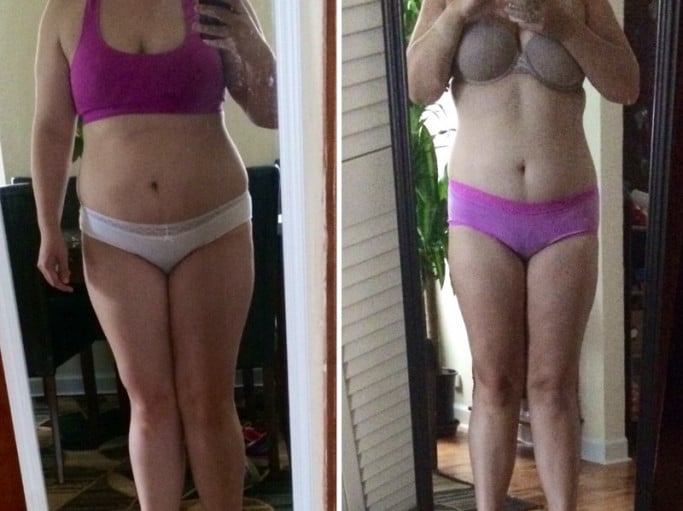 A picture of a 5'7" female showing a weight reduction from 215 pounds to 196 pounds. A total loss of 19 pounds.