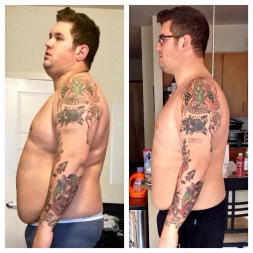 A before and after photo of a 6'3" male showing a weight reduction from 338 pounds to 288 pounds. A respectable loss of 50 pounds.