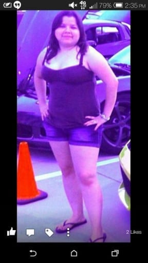 A progress pic of a 4'10" woman showing a weight loss from 145 pounds to 97 pounds. A respectable loss of 48 pounds.