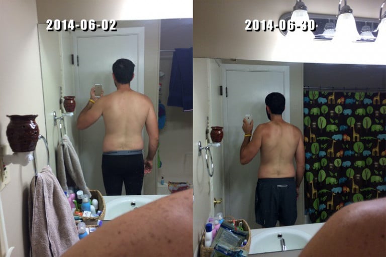A progress pic of a 5'10" man showing a weight loss from 185 pounds to 167 pounds. A net loss of 18 pounds.