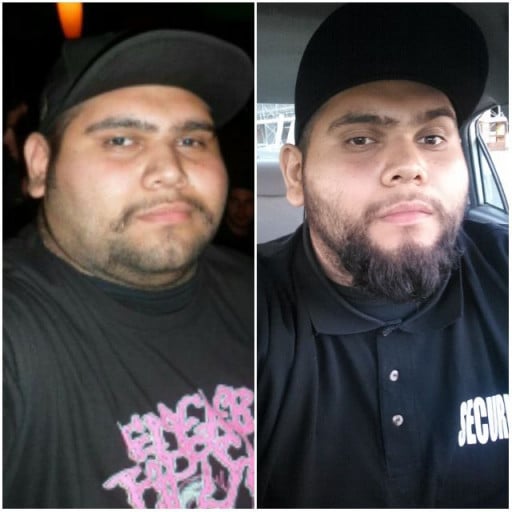 A before and after photo of a 6'2" male showing a weight cut from 345 pounds to 277 pounds. A total loss of 68 pounds.