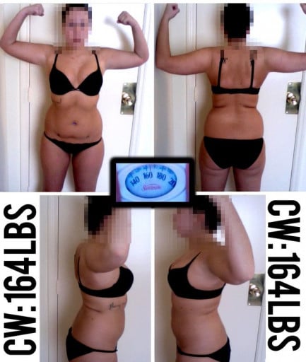 A progress pic of a 5'2" woman showing a weight reduction from 172 pounds to 164 pounds. A total loss of 8 pounds.
