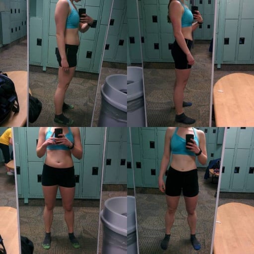 A progress pic of a 5'6" woman showing a fat loss from 135 pounds to 131 pounds. A respectable loss of 4 pounds.