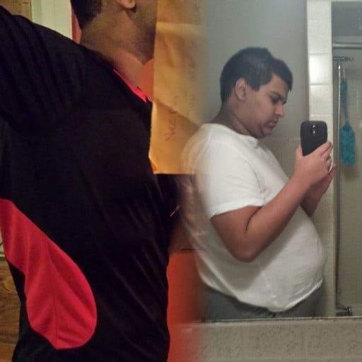 A before and after photo of a 6'1" male showing a weight reduction from 285 pounds to 180 pounds. A total loss of 105 pounds.