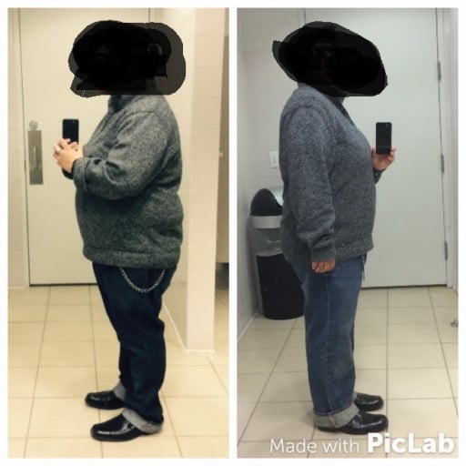 A before and after photo of a 5'3" female showing a weight reduction from 245 pounds to 214 pounds. A respectable loss of 31 pounds.
