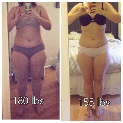 A before and after photo of a 5'5" female showing a weight cut from 185 pounds to 155 pounds. A respectable loss of 30 pounds.