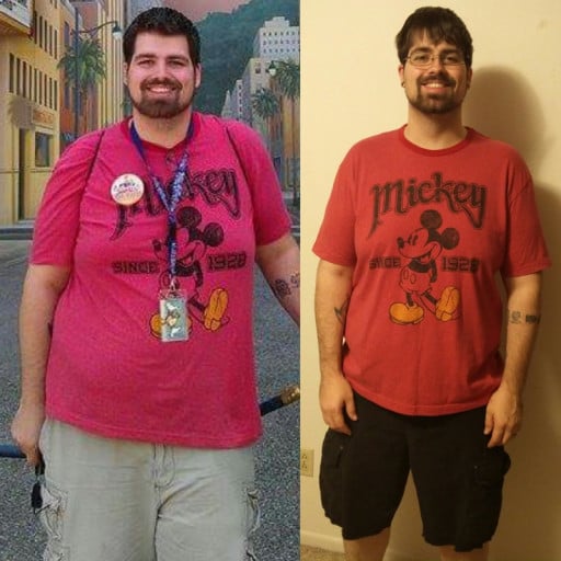 A before and after photo of a 6'3" male showing a weight loss from 297 pounds to 247 pounds. A total loss of 50 pounds.