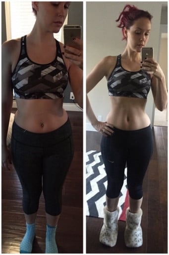 A photo of a 5'2" woman showing a weight cut from 126 pounds to 116 pounds. A net loss of 10 pounds.