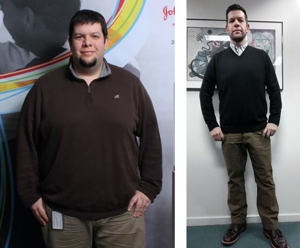 A picture of a 5'11" male showing a weight loss from 332 pounds to 198 pounds. A respectable loss of 134 pounds.