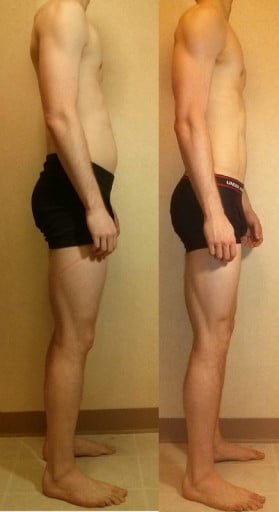A before and after photo of a 6'1" male showing a snapshot of 176 pounds at a height of 6'1