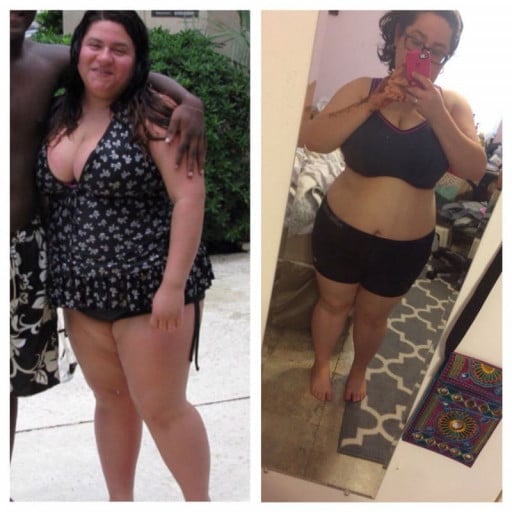 A progress pic of a 4'11" woman showing a fat loss from 220 pounds to 195 pounds. A total loss of 25 pounds.