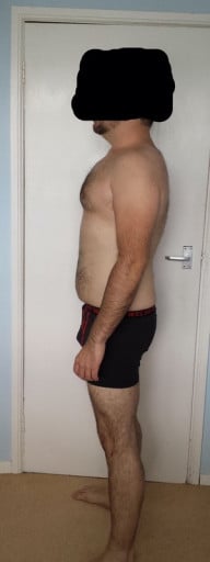 A before and after photo of a 5'10" male showing a snapshot of 195 pounds at a height of 5'10