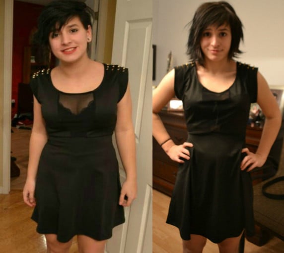 A before and after photo of a 5'3" female showing a weight reduction from 139 pounds to 125 pounds. A respectable loss of 14 pounds.