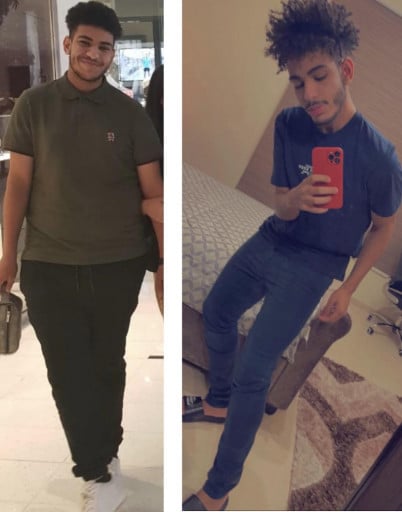 A before and after photo of a 6'1" male showing a weight gain from 132 pounds to 291 pounds. A net gain of 159 pounds.