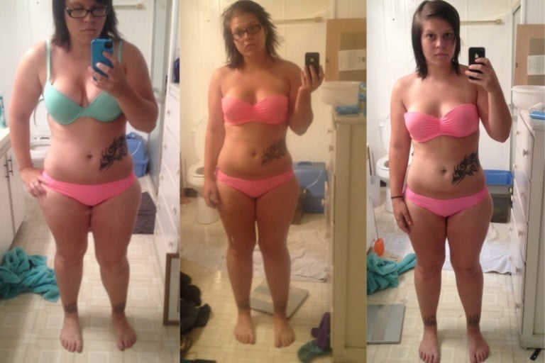 A before and after photo of a 5'0" female showing a weight reduction from 189 pounds to 169 pounds. A net loss of 20 pounds.