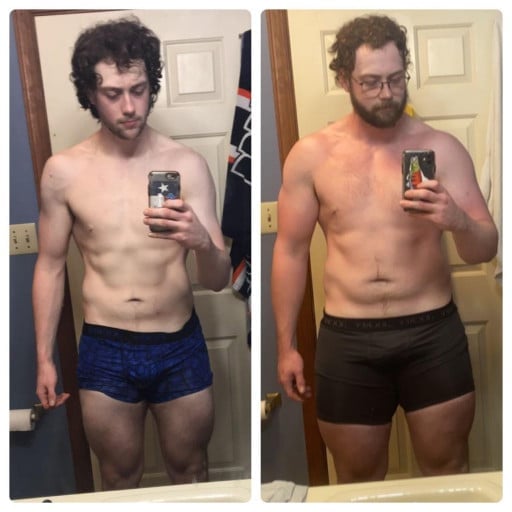 A photo of a 6'4" man showing a weight gain from 215 pounds to 275 pounds. A total gain of 60 pounds.