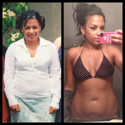 A photo of a 5'3" woman showing a weight cut from 180 pounds to 140 pounds. A total loss of 40 pounds.