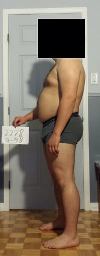 A before and after photo of a 5'6" male showing a snapshot of 207 pounds at a height of 5'6