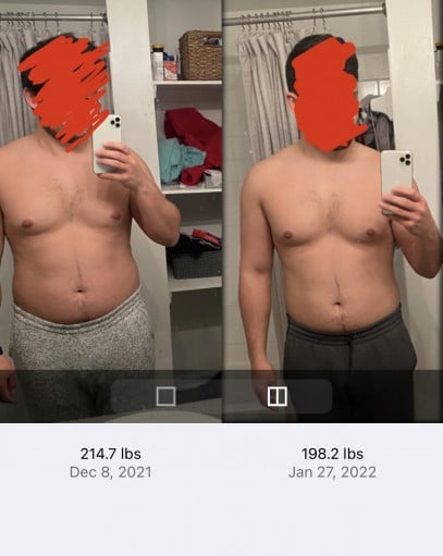 A progress pic of a 5'8" man showing a fat loss from 214 pounds to 198 pounds. A respectable loss of 16 pounds.