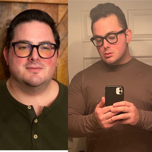 A picture of a 5'10" male showing a weight loss from 315 pounds to 250 pounds. A net loss of 65 pounds.