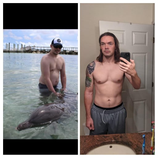 A picture of a 6'0" male showing a weight loss from 205 pounds to 180 pounds. A respectable loss of 25 pounds.