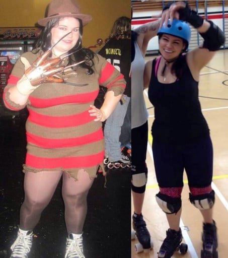A progress pic of a 5'1" woman showing a weight loss from 218 pounds to 155 pounds. A net loss of 63 pounds.