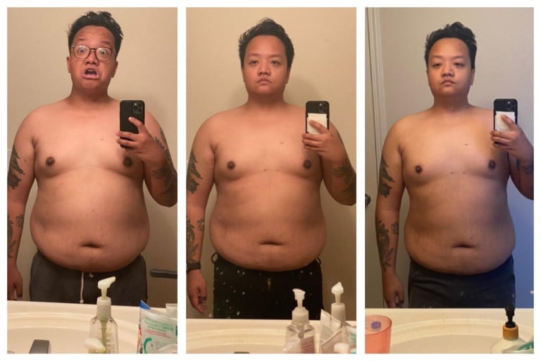 A progress pic of a 5'5" man showing a fat loss from 218 pounds to 216 pounds. A total loss of 2 pounds.
