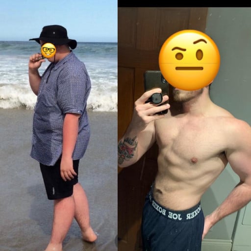 A photo of a 5'11" man showing a weight cut from 300 pounds to 193 pounds. A net loss of 107 pounds.