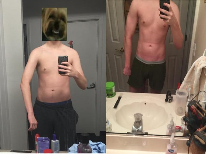 A progress pic of a 6'3" man showing a weight gain from 155 pounds to 180 pounds. A net gain of 25 pounds.