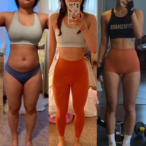 A photo of a 5'2" woman showing a weight cut from 147 pounds to 110 pounds. A net loss of 37 pounds.