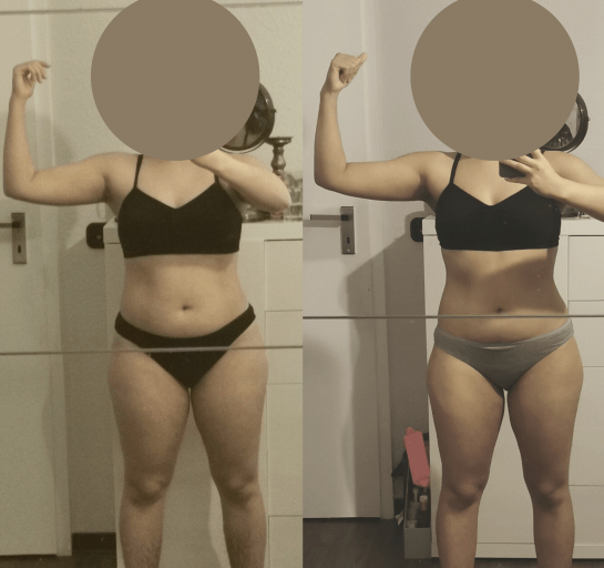 A progress pic of a 5'2" woman showing a fat loss from 132 pounds to 122 pounds. A total loss of 10 pounds.